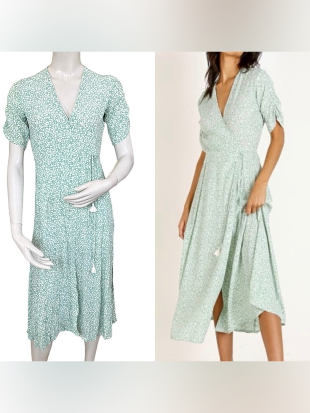 Faithfull the Brand White Green Floral Side Slit Short Sleeve Wrap Midi Dress 4